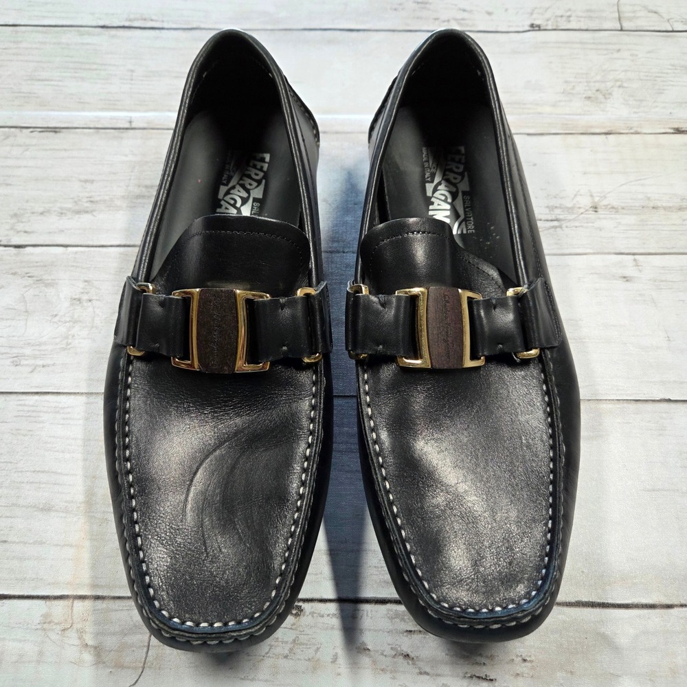 Salvatore Ferragamo Loafers Mens 7.5D Black Leather Wood Buckle‎ Driver Shoes - Picture 5 of 15